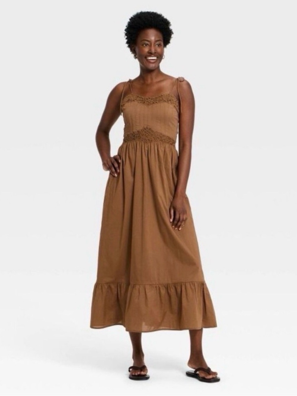 Universal Thread Brown Smocked Midi Dress with Lace Waist